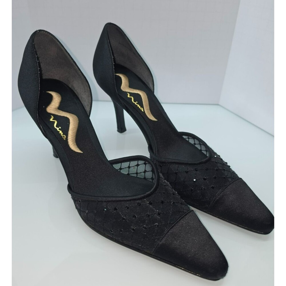 Nina Evening Pumps Black Satin Mesh Rhinestone Pointed Toe Heels 8M